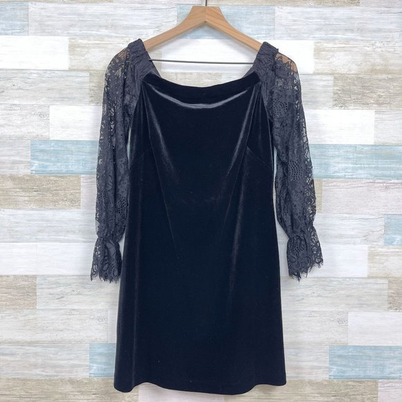 WHBM Off The Shoulder Lace Sleeve Velvet Shift Dress Black Cocktail Womens 6 - Picture 1 of 8